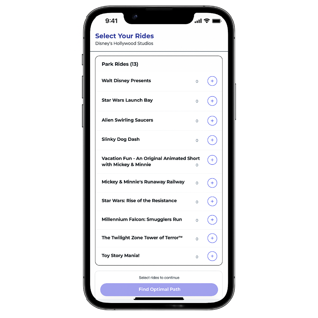 FasterPass app showing ride selection screen for Disney's Hollywood Studios with attractions like Star Wars Launch Bay, Alien Swirling Saucers, and Millennium Falcon