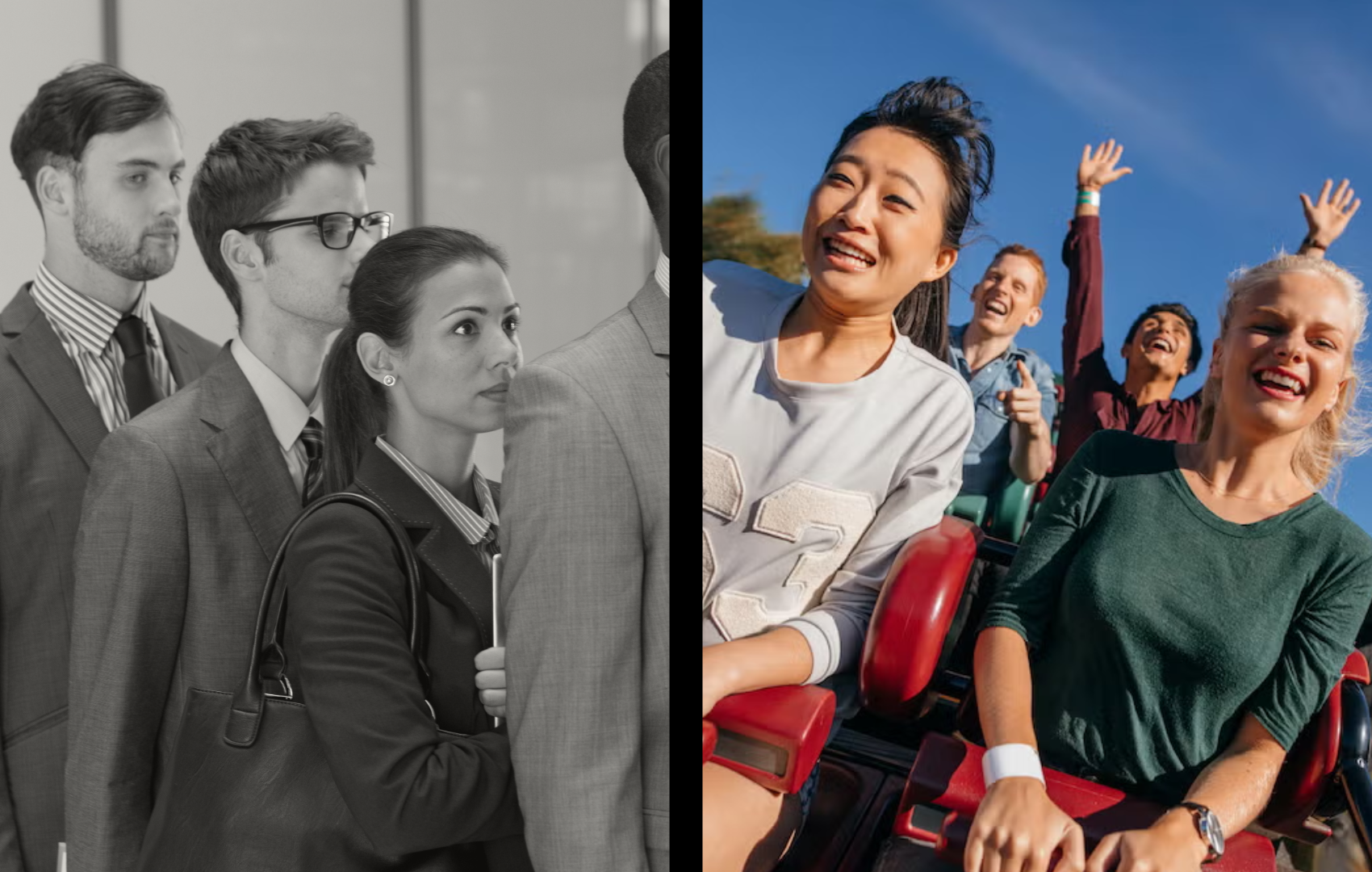 Split image showing stressed business people waiting in line versus happy families enjoying roller coaster rides - illustrating the difference between wasting time in lines and making memories on attractions